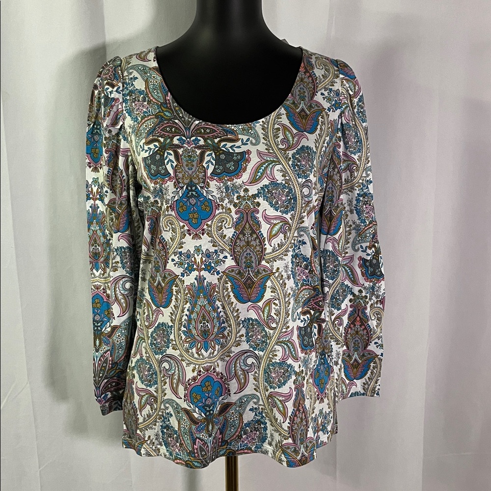 NWT LOFT Multicolor Paisley Print 3/4 Length Puff Sleeve Top